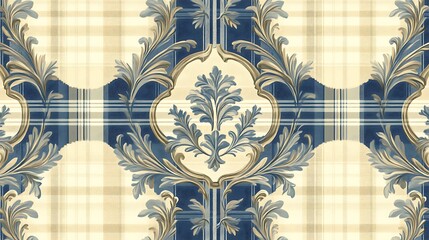 Blue and Beige Damask Plaid Pattern: Elegant damask design with blue and beige color palette, featuring intricate floral motifs interwoven with a classic plaid pattern. Ideal for textile, wallpaper.