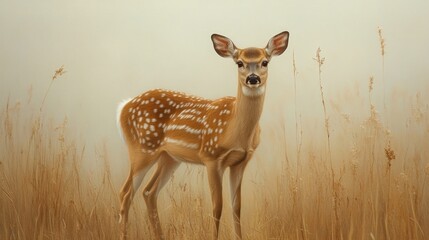 Fawn stands in misty autumn field, tall grasses background; wildlife calendar
