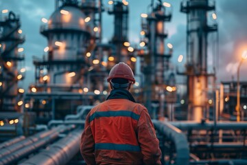 Obraz premium Industrial engineer wearing a safety helmet and high visibility jacket monitors operations at a chemical processing plant at dusk