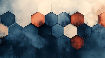 Hexagon Abstract: A captivating abstract background featuring a geometric pattern of hexagons in shades of deep blue, rusty orange, and off-white.  The textured surface adds depth and visual interest.