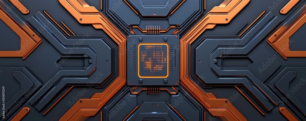Poster a futuristic, abstract design featuring a geometric pattern with dark and orange elements, resemblin