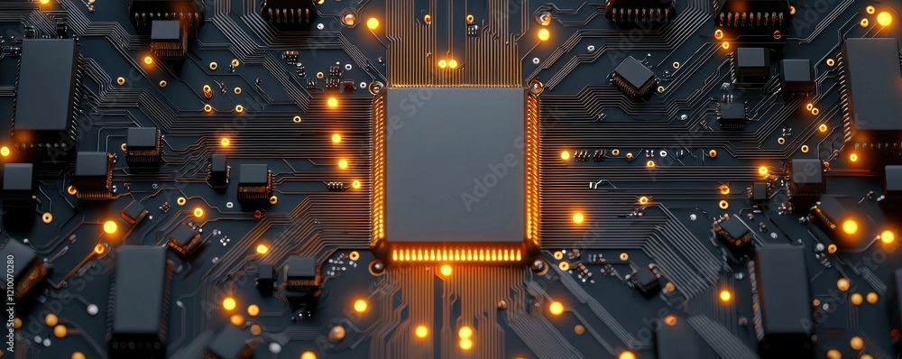 Poster a close-up of a microchip on a circuit board, featuring glowing lights and intricate connections, de