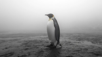 Obraz premium Antarctic King Penguin fog landscape wildlife solitude