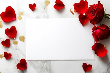 white blank piece of paper mock up placed on light marble surface, surrounded by gold glitter red roses and petals, some shaped like hearts. Valentine's Day card, love, romantic greeting card concept.