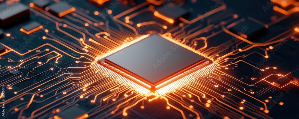 Poster a close-up view of a microchip on a circuit board, glowing with orange light, showcasing intricate c