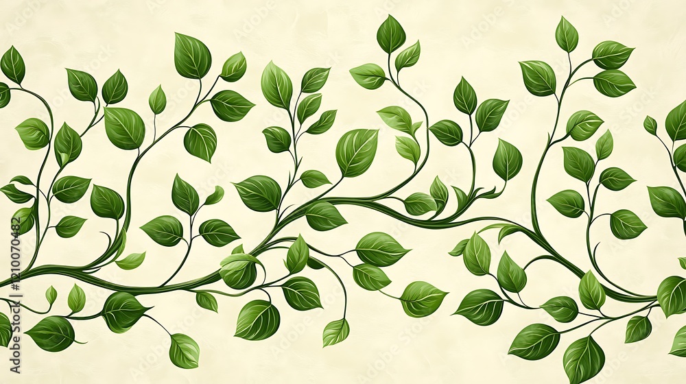 Poster greenery vine border: a seamless pattern featuring a lush, vibrant green vine with delicate leaves, 