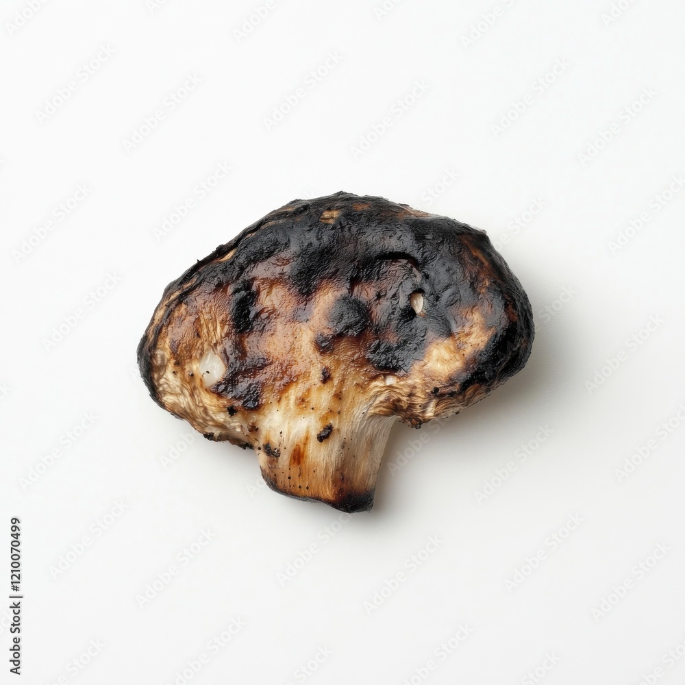 Poster grilled mushroom cap with dark tender texture on a plain white background highlighted in natural lig