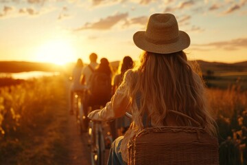 A group of friends riding bicycles along a scenic path during golden hour, their smiles reflecting the carefree spirit of youth