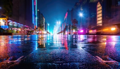 Night street reflection, vibrant neon lights, wet pavement, urban scene with colorful lights 