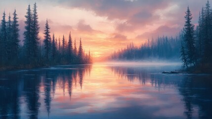 Fototapeta premium Serene Sunset Over Still Water and Pine Trees