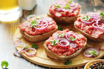 Traditional German sandwiches with minced meat Mettbroetchen
