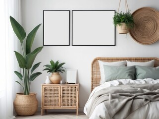 Interior design of room with blank poster frame, Off-White desk, cozy bed, vase with leaves