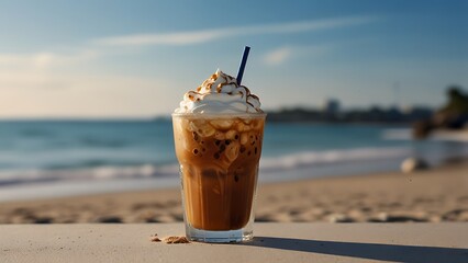 Iced coffee with whipped cream and caramel on a beach for advertising a coffee shop