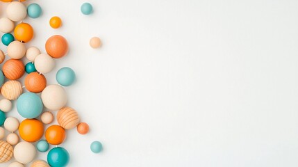 Colorful wooden beads on white background in a minimalist flat lay style with copy space