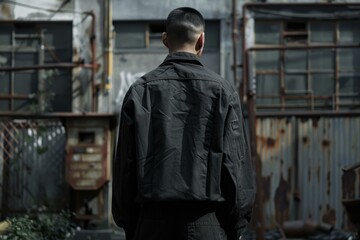 Security guard wearing black uniform standing back in abandoned industrial area