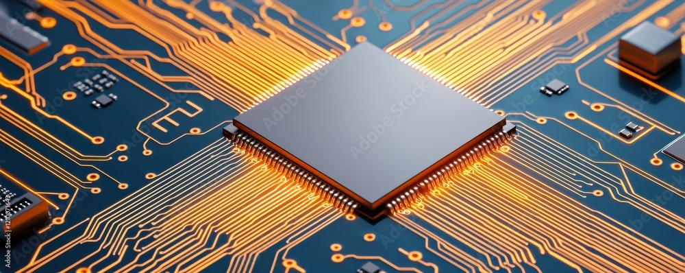 Poster a close-up of a computer chip surrounded by intricate circuitry, showcasing advanced technology and 
