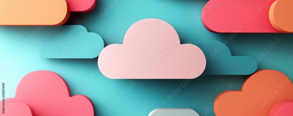 Poster a vibrant array of colorful, stylized clouds against a turquoise background, creating a cheerful and