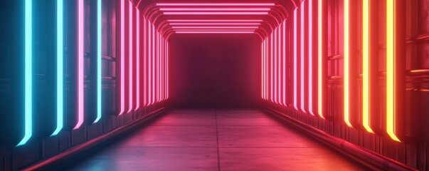A futuristic corridor illuminated by vibrant blue and pink neon lights, creating a striking visual effect and inviting atmosphere.