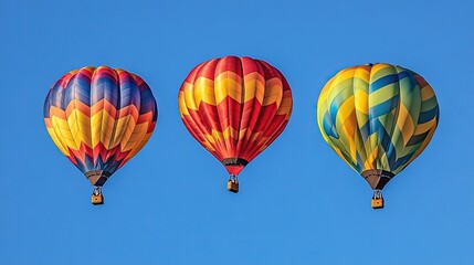 Naklejka premium Balloons in vibrant colors floating freely against a clear blue sky.