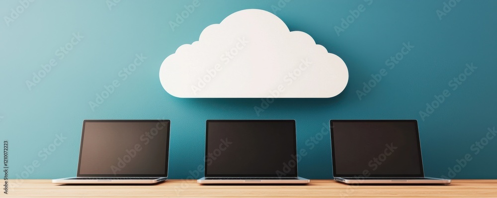 Aufkleber three laptops are positioned on a table beneath a stylized cloud, symbolizing cloud computing and di