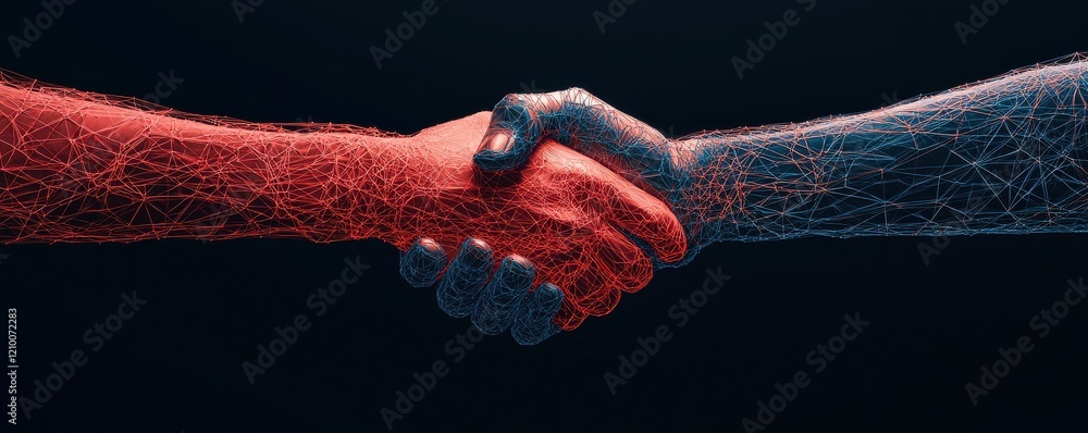 Poster a digital representation of two hands shaking, one red and one blue, symbolizing unity and collabora