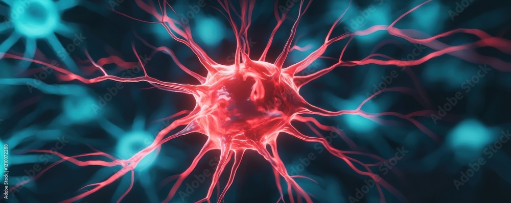 Poster a vibrant, close-up illustration of a neuron with branching dendrites, showcasing its intricate stru