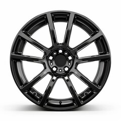 Stylish black alloy wheel rim rotating on white background, perfect for automotive and car enthusiasts