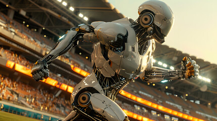 Fototapeta premium Close-up of a robot rider in a chrome helmet on a high-tech bike