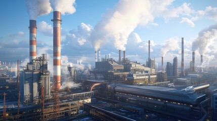 Obraz premium Futuristic power plant with smoking stacks and blue sky, highlighting efficient design and industrial technology at scale.