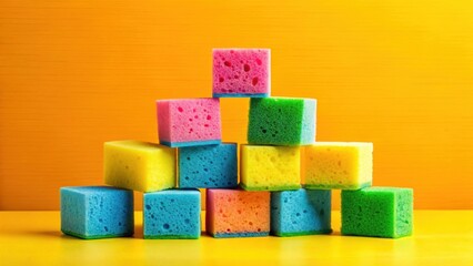 Colorful Cleaning Sponges Arranged in a Pyramid Shape on a Vibrant Yellow Background, Representing a Concept of Organization and Cleanliness