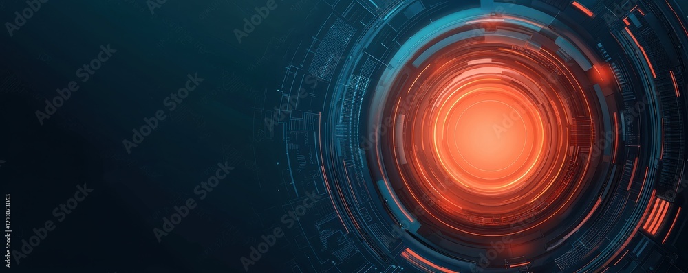 Poster a futuristic digital design featuring a glowing red circle at the center, surrounded by intricate ci