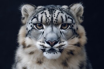 Naklejka premium Majestic snow leopard portrait, dark background, wildlife conservation, print