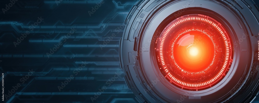 Poster a futuristic lens with a glowing red core, set against a digital circuit background, evokes themes o