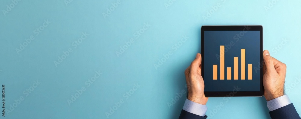 Poster a person holds a tablet displaying a bar graph against a blue background, symbolizing data analysis 