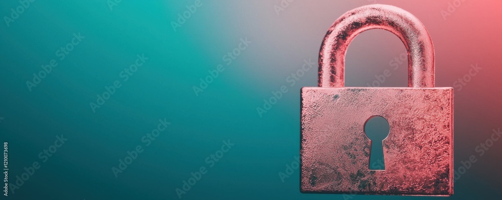 Poster a rusty padlock against a colorful gradient background, symbolizing security and protection.