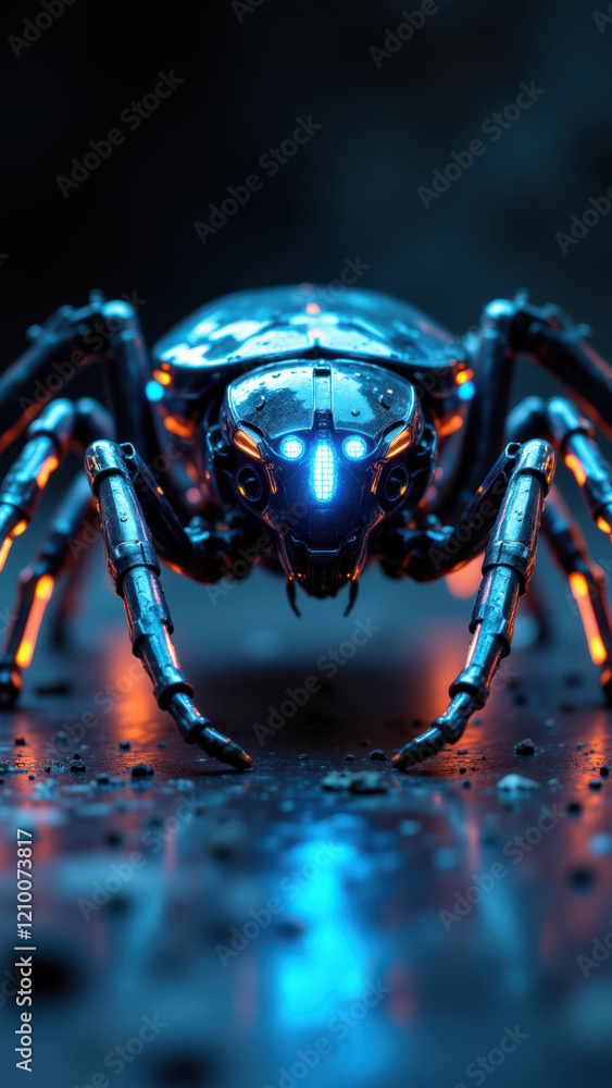 Poster advanced robotic spider showcasing intricate design and futuristic technology.