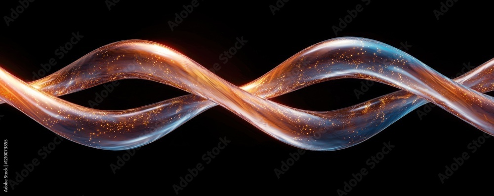 Poster a close-up view of a twisted, luminescent ribbon-like structure against a black background, showcasi