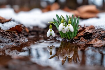 A cluster of charming snowdrops rises amidst the melting snow, with dark soil providing a striking contrast against their delicate white petals and vibrant greenery.