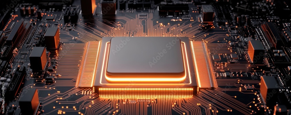 Poster a detailed microchip with glowing edges is prominently displayed, surrounded by intricate circuit pa