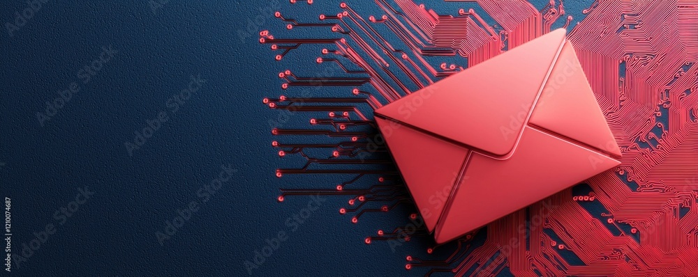 Poster a red envelope on a circuit board background symbolizes digital communication and the intersection o