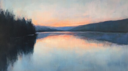 Fototapeta premium Serene lakeside view at sunset reflecting soft hues and tranquil waters