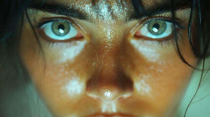 A person gazes intensely with striking green eyes, their glistening skin reflecting light. The backdrop is softly blurred, emphasizing their expressive features at twilight