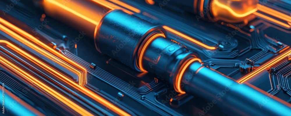 Poster a close-up view of a futuristic circuit board with glowing orange and blue elements, showcasing intr