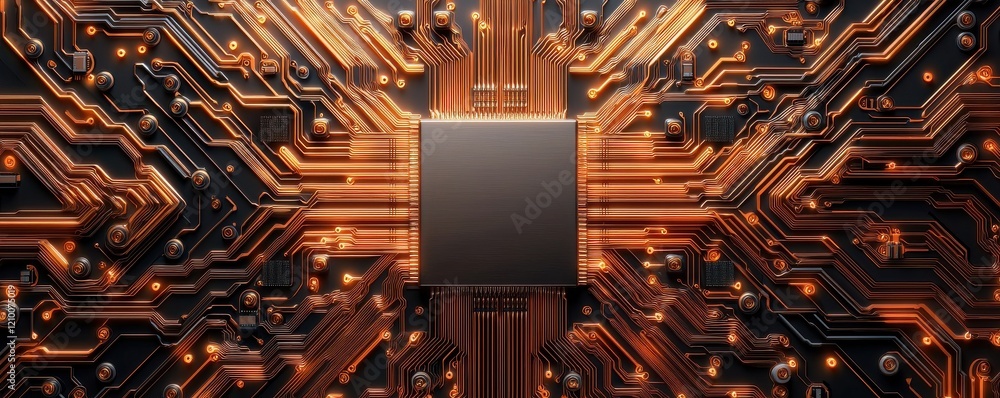 Poster a high-tech circuit board with intricate patterns and a central chip, showcasing modern technology a