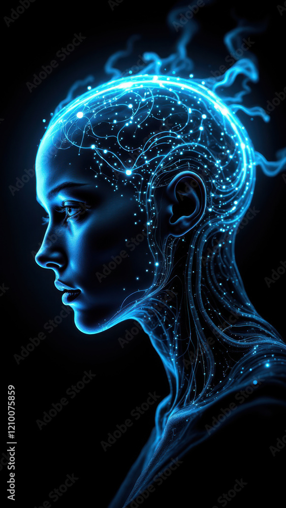 Poster this is an illustration of a humanoid figure with glowing blue digital elements emanating from its h