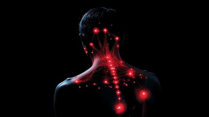 Graphic of muscle discomfort showing glowing red trigger points on the upper back and neck