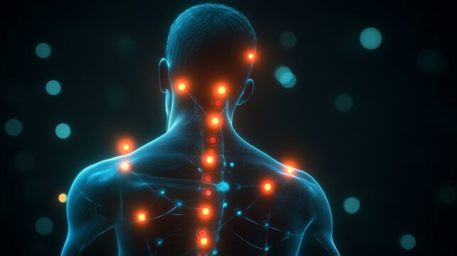 Graphic of muscle discomfort showing glowing red trigger points on the upper back and neck