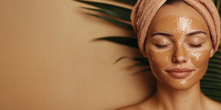 Beautiful beauty woman with brown nourishing organic facial mask applied on face skin texture, wearing towel on head. Tropical wellness spa studio background with copy space.