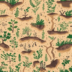 Earthworms are wriggling through rich soil, interacting with various plants and roots in a vibrant ecosystem during daylight hours