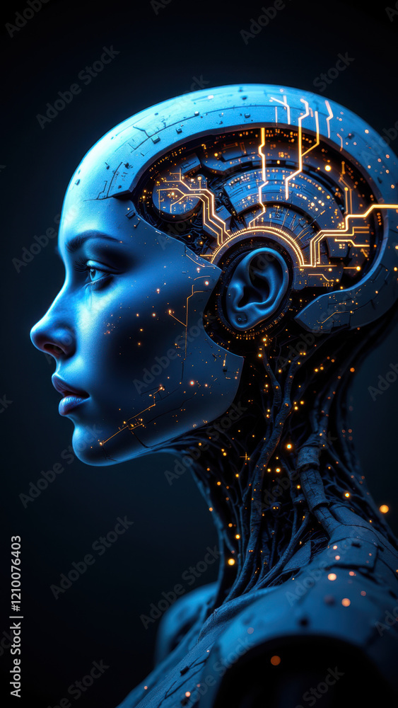 Poster futuristic ai humanoid robot with glowing blue neural network interface.